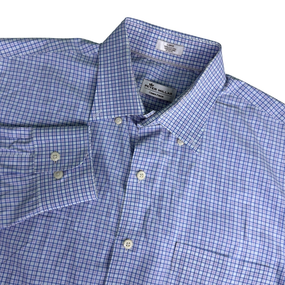 Peter Millar Mens L Button Down Blue Plaid Crown Finish Long Sleeve Gingham
